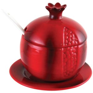 Ceramic Honey Dish Pomegranate, Red with White Spoon