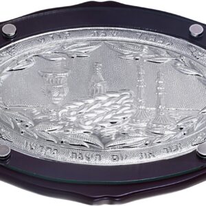 Challah Board Wood & Silver Plate Oval Glass cover 16 X11