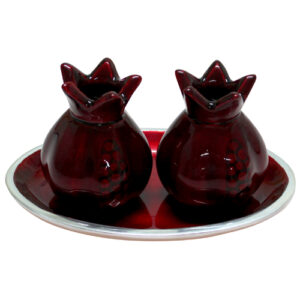 Aluminium with Dark Red Enameled Candlesticks 8X6 cm with Tray 11X16 cm - "Pomegranate"