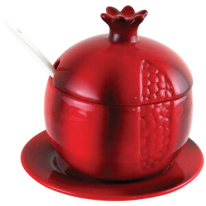 Ceramic Honey Dish Pomegranate, Red with White Spoon