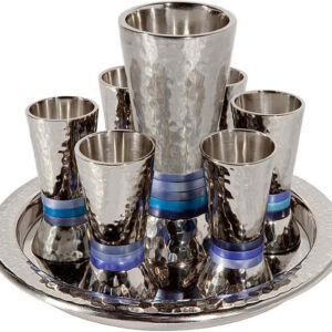 Kiddush Set Hammered Cone Shape Blue Rings Emmanuel GSC2