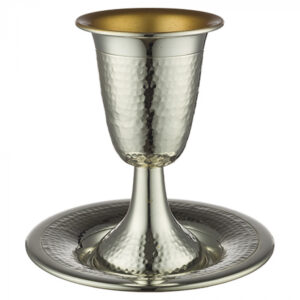 Kiddush Cup With Stem And Saucer Hammered Silver Plated